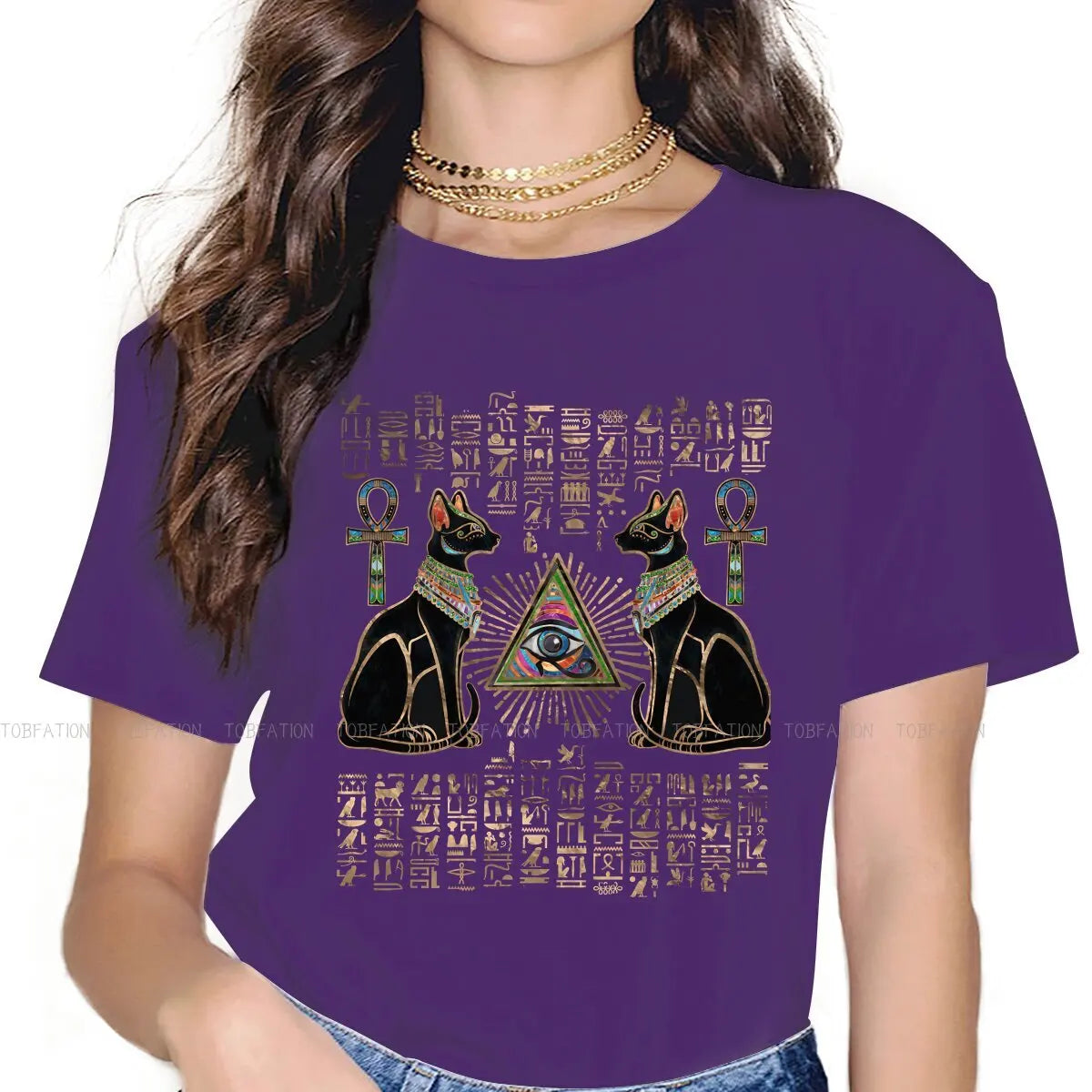 Cat Essential Women Shirts Ancient Egypt Egyptian Korean StyleT-shirt Kawaii 100% Cotton Female Clothing