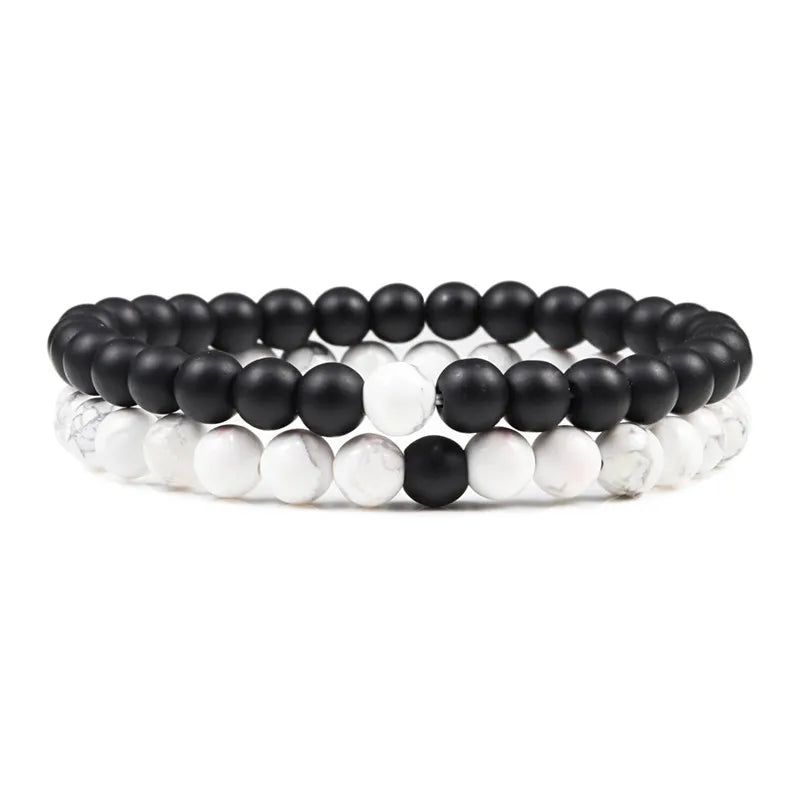 Set Bracelet Couples Distance Black White Natural Lava Stone Tiger Eye Beaded Yoga Bracelets for Men Women Elastic Rope Jewelry - Live Store 4U