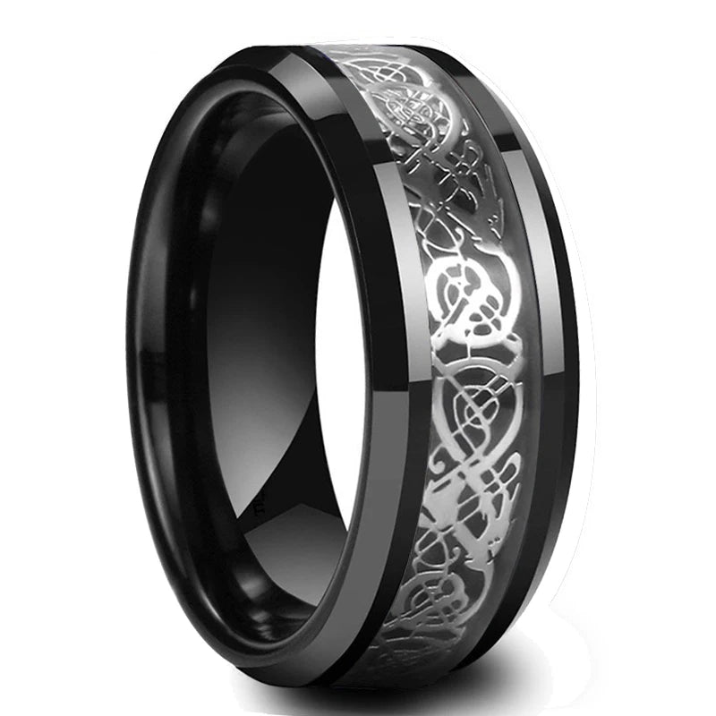 Fashion 8mm Red Groove Beveled Edge Stainless Steel Celtic Dragon Rings for Men Zircon Inlay Carbon Fibre Ring Men Wedding Band - Live Store 4U