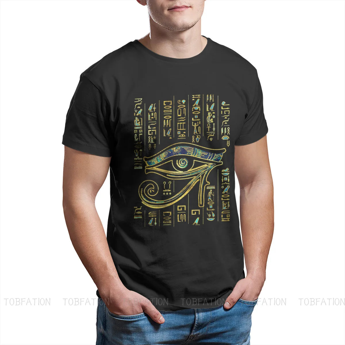 Egyptian Ancient Egypt Culture Ian Eye of Horus  on Hieroglyphics Gold and Marble Tshirt Crewneck Big SizeVintage T Shirt Cotton