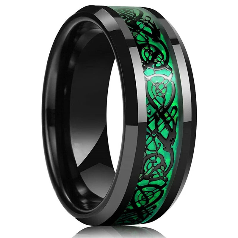 Fashion 8mm Red Groove Beveled Edge Stainless Steel Celtic Dragon Rings for Men Zircon Inlay Carbon Fibre Ring Men Wedding Band - Live Store 4U