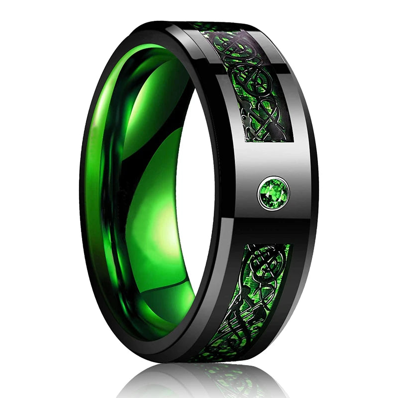 Fashion 8mm Red Groove Beveled Edge Stainless Steel Celtic Dragon Rings for Men Zircon Inlay Carbon Fibre Ring Men Wedding Band - Live Store 4U