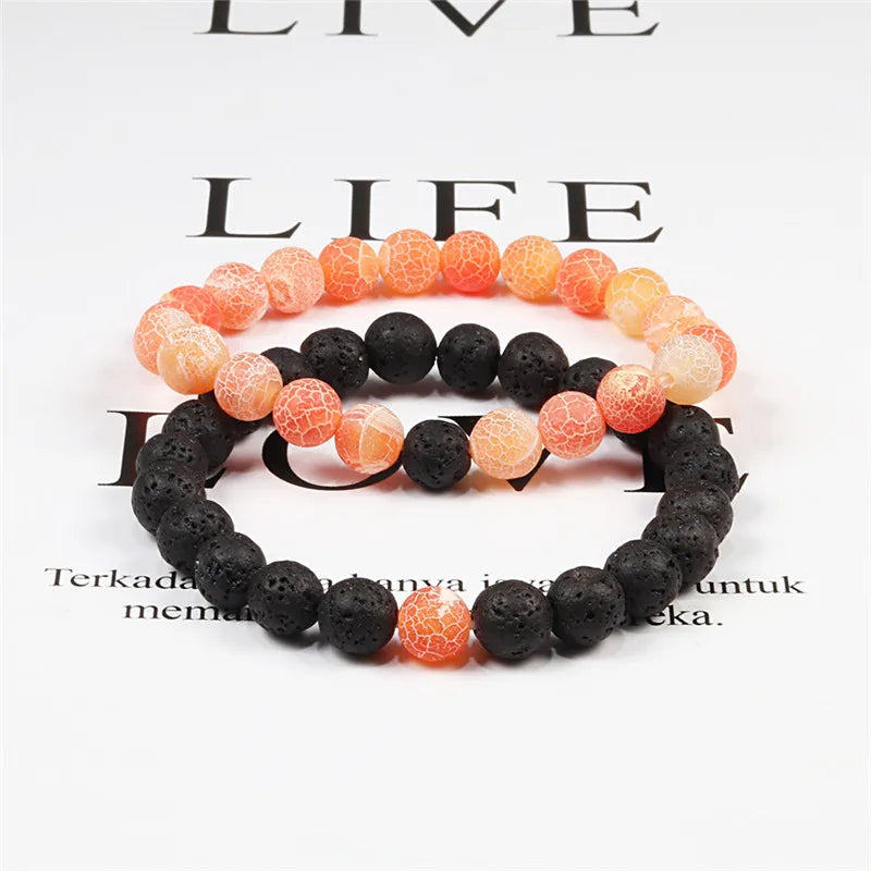 Set Bracelet Couples Distance Black White Natural Lava Stone Tiger Eye Beaded Yoga Bracelets for Men Women Elastic Rope Jewelry - Live Store 4U