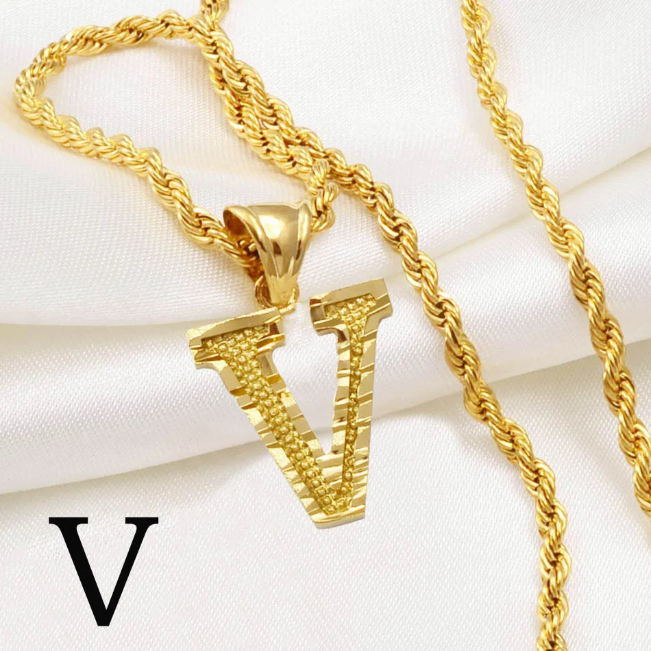 Anniyo A-Z Letters Necklaces Women Men Gold Plated Initial Pendant Rope Chain English Letter Jewelry Alphabet African #058002B - Live Store 4U