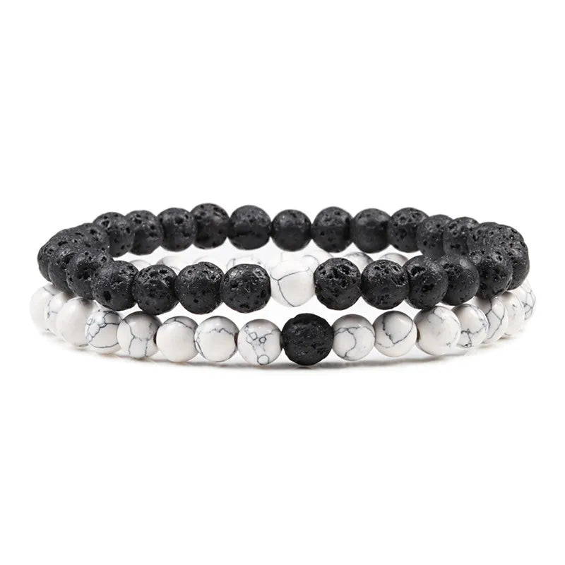 Set Bracelet Couples Distance Black White Natural Lava Stone Tiger Eye Beaded Yoga Bracelets for Men Women Elastic Rope Jewelry - Live Store 4U