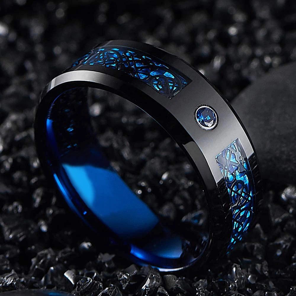 Fashion 8mm Red Groove Beveled Edge Stainless Steel Celtic Dragon Rings for Men Zircon Inlay Carbon Fibre Ring Men Wedding Band - Live Store 4U