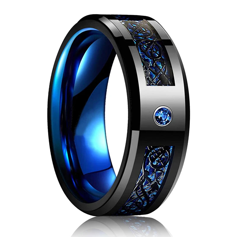 Fashion 8mm Red Groove Beveled Edge Stainless Steel Celtic Dragon Rings for Men Zircon Inlay Carbon Fibre Ring Men Wedding Band - Live Store 4U