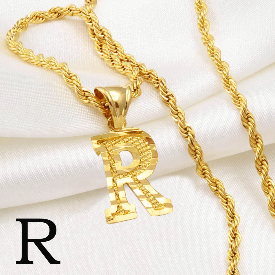 Anniyo A-Z Letters Necklaces Women Men Gold Plated Initial Pendant Rope Chain English Letter Jewelry Alphabet African #058002B - Live Store 4U