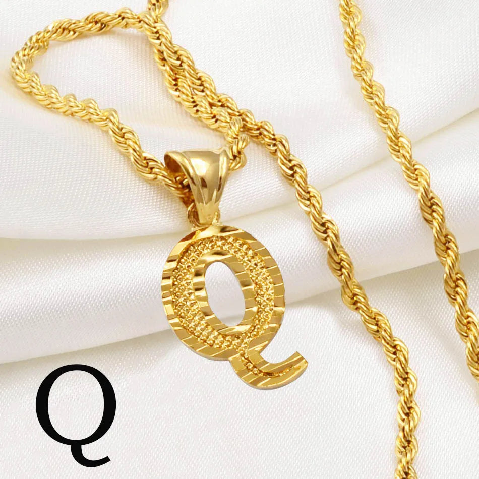 Anniyo A-Z Letters Necklaces Women Men Gold Plated Initial Pendant Rope Chain English Letter Jewelry Alphabet African #058002B - Live Store 4U