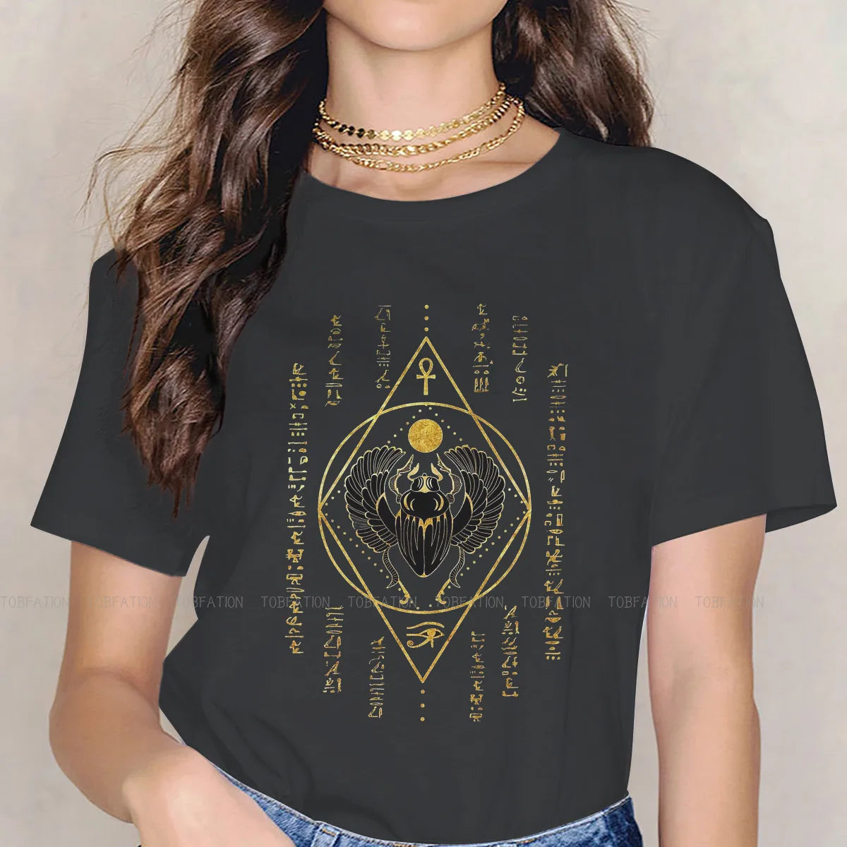 Scarab Black Casual TShirt Egyptian Eye Of Horus Ankh Style Tops Comfortable T Shirt Women Short Sleeve Unique