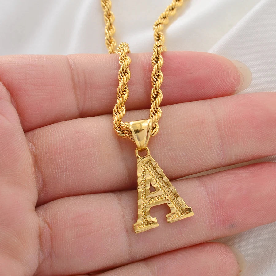 Anniyo A-Z Letters Necklaces Women Men Gold Plated Initial Pendant Rope Chain English Letter Jewelry Alphabet African #058002B - Live Store 4U