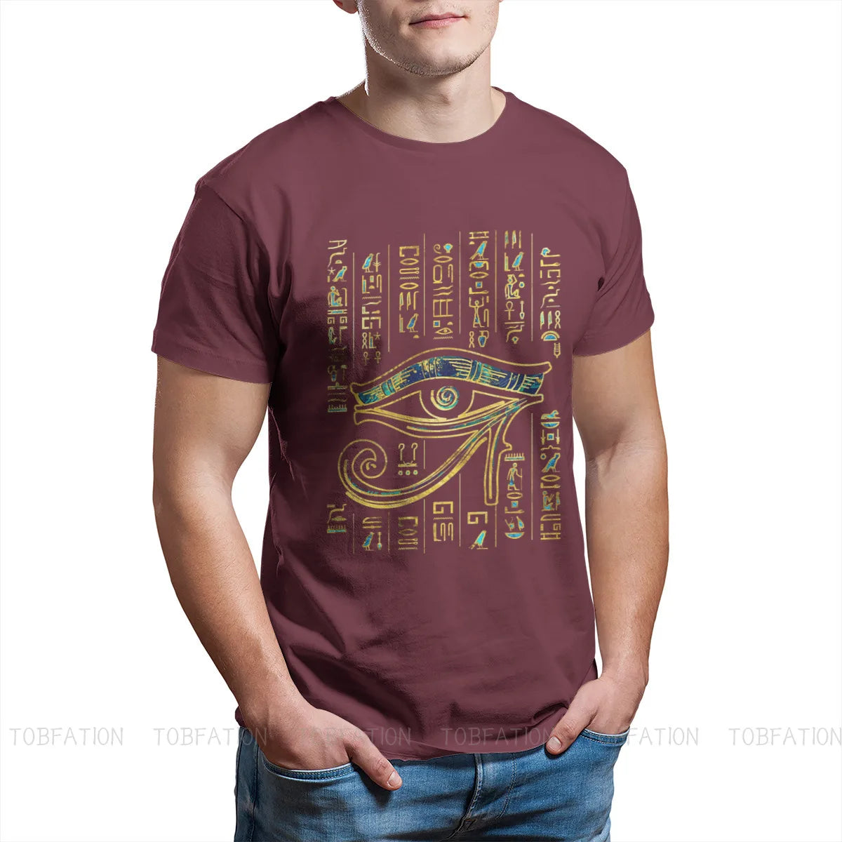 Egyptian Ancient Egypt Culture Ian Eye of Horus  on Hieroglyphics Gold and Marble Tshirt Crewneck Big SizeVintage T Shirt Cotton