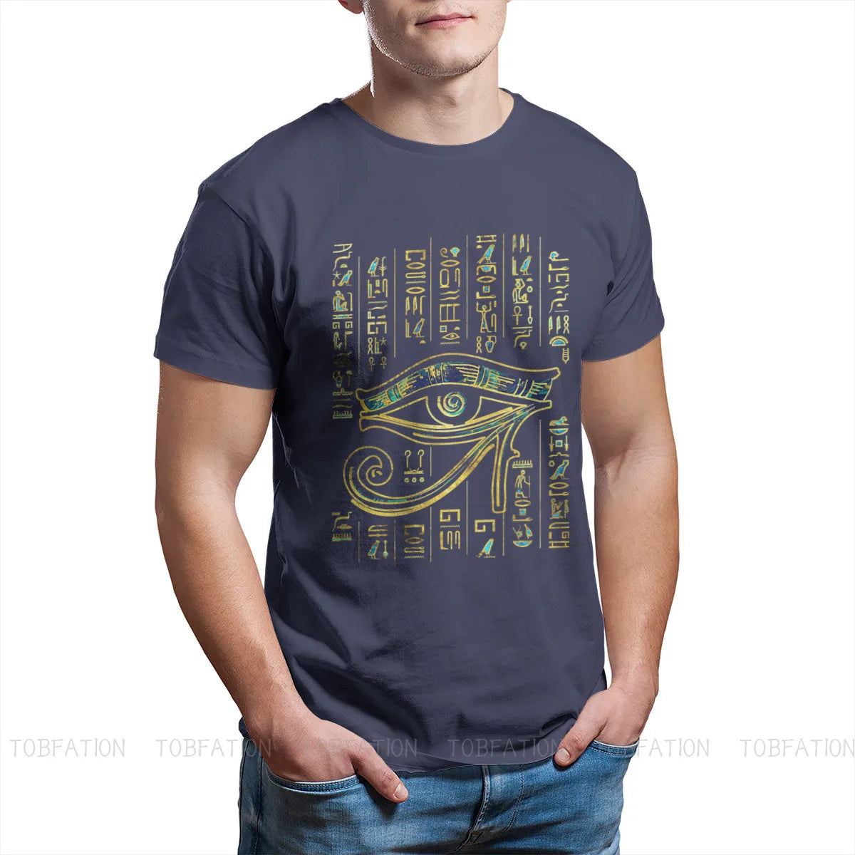 Egyptian Ancient Egypt Culture Ian Eye of Horus  on Hieroglyphics Gold and Marble Tshirt Crewneck Big SizeVintage T Shirt Cotton
