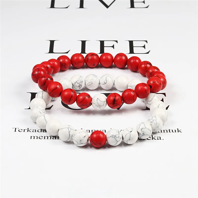 Set Bracelet Couples Distance Black White Natural Lava Stone Tiger Eye Beaded Yoga Bracelets for Men Women Elastic Rope Jewelry - Live Store 4U