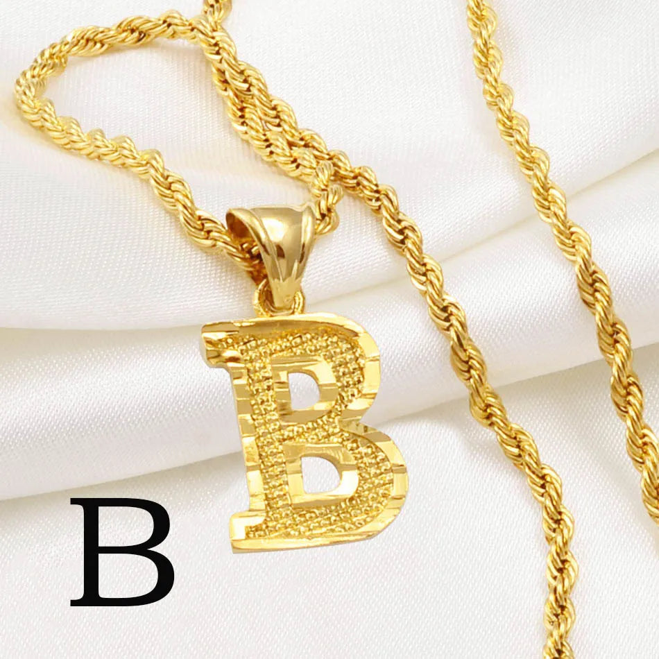 Anniyo A-Z Letters Necklaces Women Men Gold Plated Initial Pendant Rope Chain English Letter Jewelry Alphabet African #058002B - Live Store 4U
