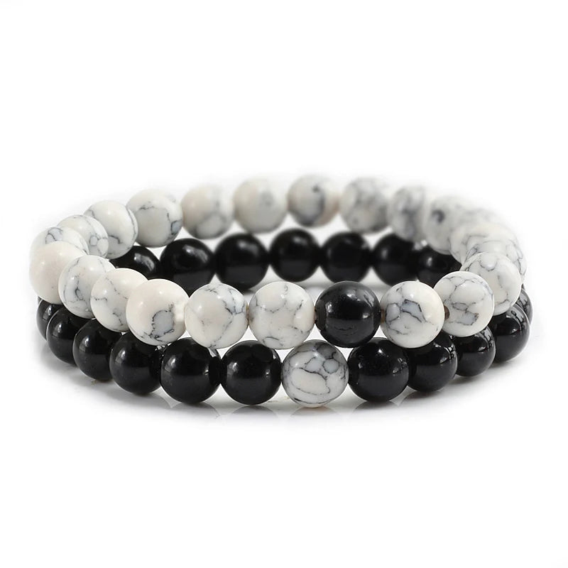 Set Bracelet Couples Distance Black White Natural Lava Stone Tiger Eye Beaded Yoga Bracelets for Men Women Elastic Rope Jewelry - Live Store 4U