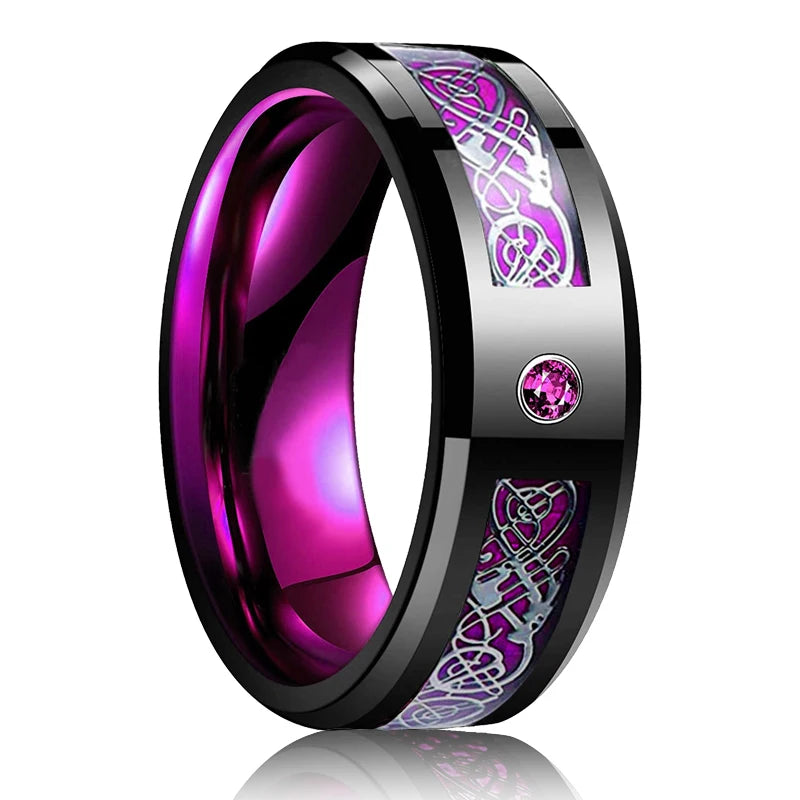 Fashion 8mm Red Groove Beveled Edge Stainless Steel Celtic Dragon Rings for Men Zircon Inlay Carbon Fibre Ring Men Wedding Band - Live Store 4U