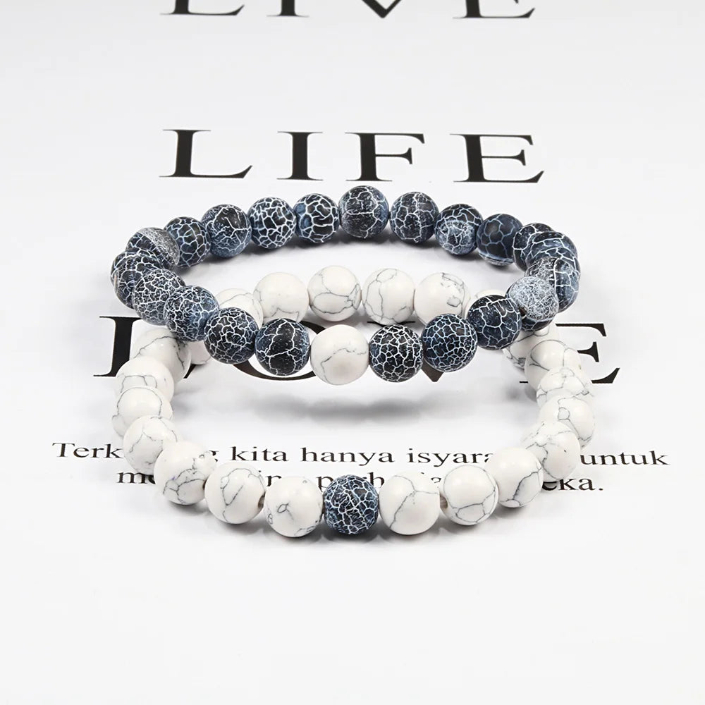 Set Bracelet Couples Distance Black White Natural Lava Stone Tiger Eye Beaded Yoga Bracelets for Men Women Elastic Rope Jewelry - Live Store 4U
