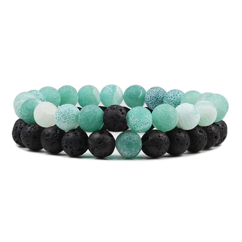 Set Bracelet Couples Distance Black White Natural Lava Stone Tiger Eye Beaded Yoga Bracelets for Men Women Elastic Rope Jewelry - Live Store 4U