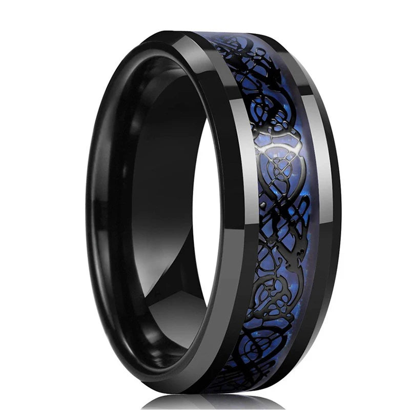 Fashion 8mm Red Groove Beveled Edge Stainless Steel Celtic Dragon Rings for Men Zircon Inlay Carbon Fibre Ring Men Wedding Band - Live Store 4U