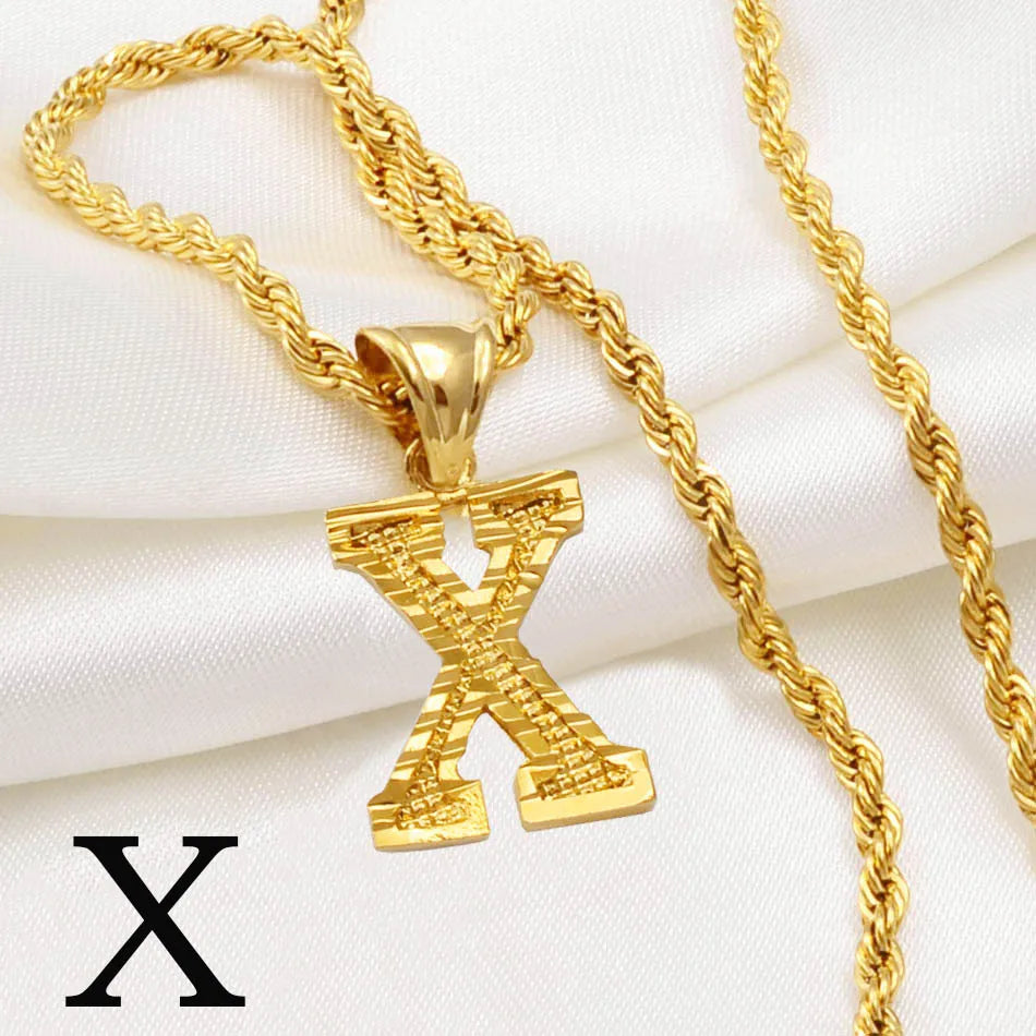 Anniyo A-Z Letters Necklaces Women Men Gold Plated Initial Pendant Rope Chain English Letter Jewelry Alphabet African #058002B - Live Store 4U