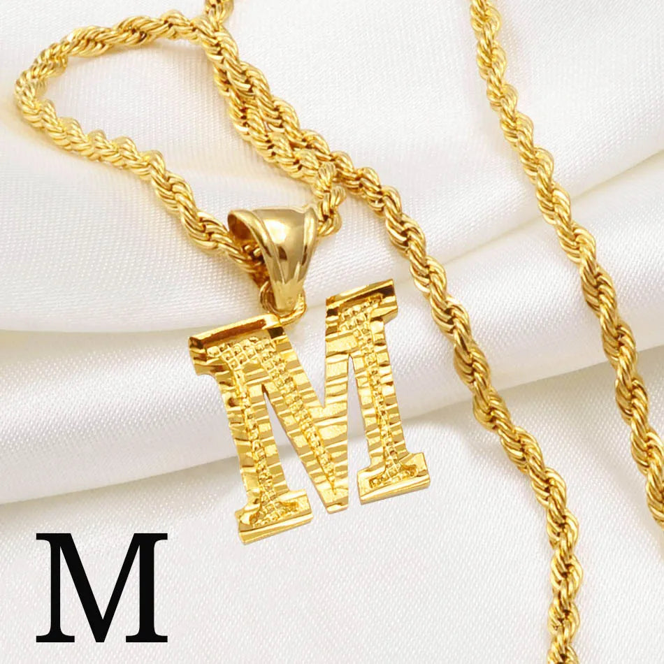 Anniyo A-Z Letters Necklaces Women Men Gold Plated Initial Pendant Rope Chain English Letter Jewelry Alphabet African #058002B - Live Store 4U
