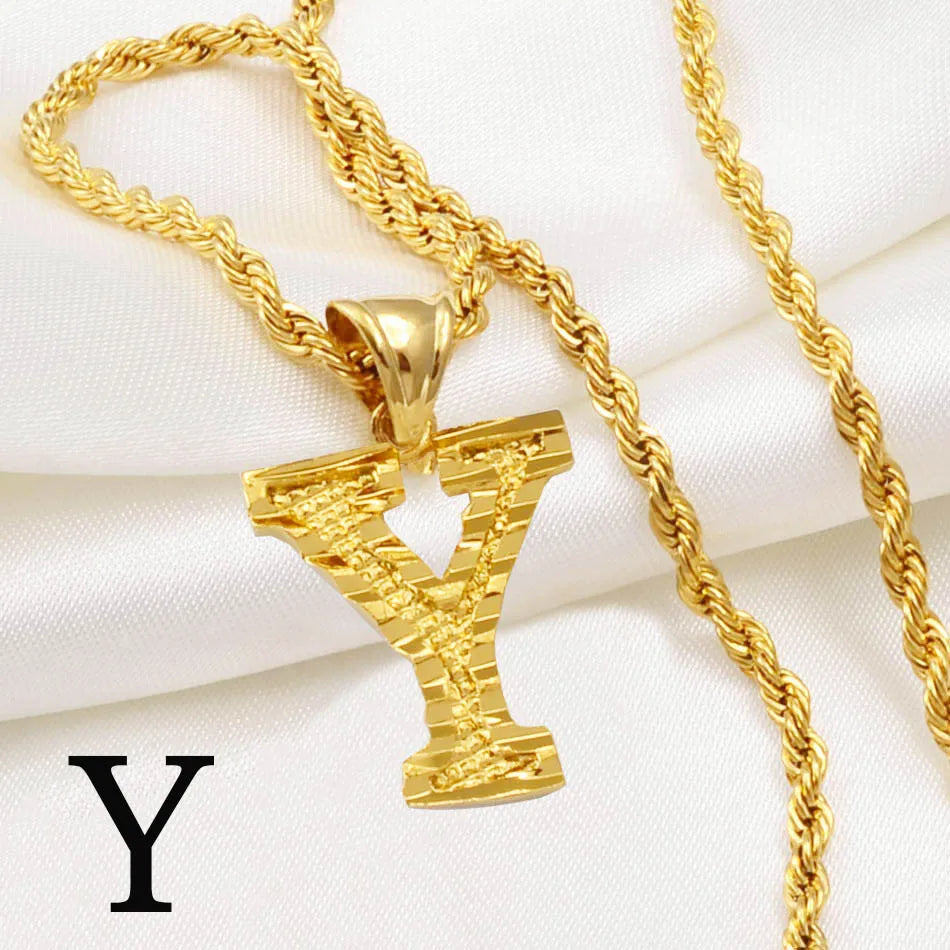 Anniyo A-Z Letters Necklaces Women Men Gold Plated Initial Pendant Rope Chain English Letter Jewelry Alphabet African #058002B - Live Store 4U