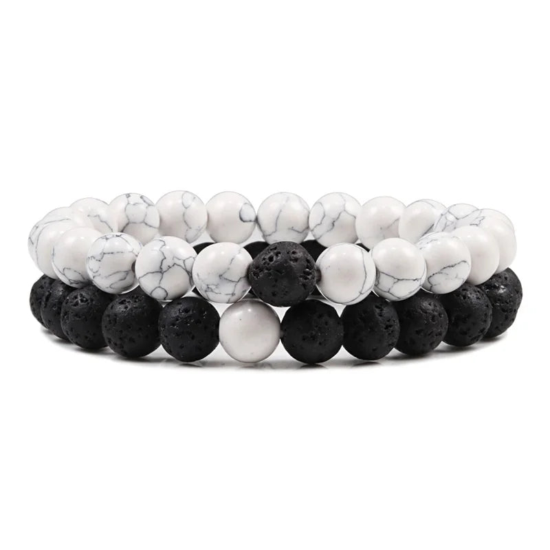 Set Bracelet Couples Distance Black White Natural Lava Stone Tiger Eye Beaded Yoga Bracelets for Men Women Elastic Rope Jewelry - Live Store 4U