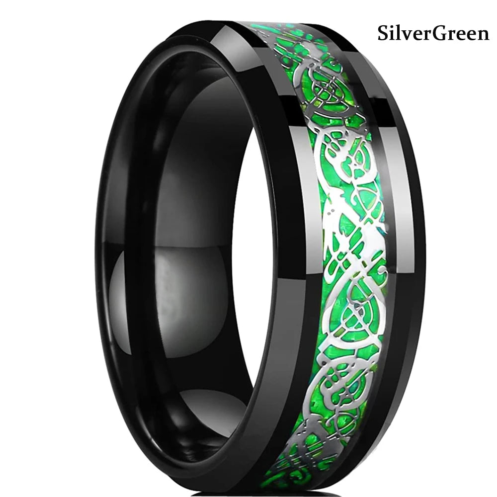Fashion 8mm Red Groove Beveled Edge Stainless Steel Celtic Dragon Rings for Men Zircon Inlay Carbon Fibre Ring Men Wedding Band - Live Store 4U