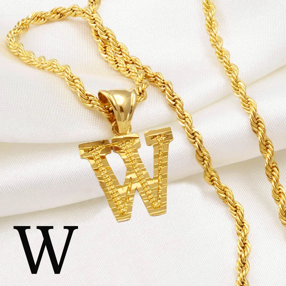 Anniyo A-Z Letters Necklaces Women Men Gold Plated Initial Pendant Rope Chain English Letter Jewelry Alphabet African #058002B - Live Store 4U