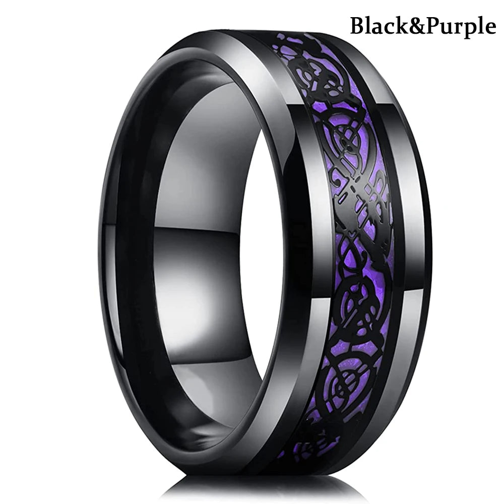 Fashion 8mm Red Groove Beveled Edge Stainless Steel Celtic Dragon Rings for Men Zircon Inlay Carbon Fibre Ring Men Wedding Band - Live Store 4U