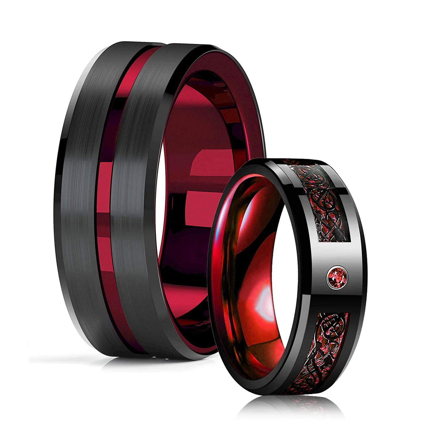 Fashion 8mm Red Groove Beveled Edge Stainless Steel Celtic Dragon Rings for Men Zircon Inlay Carbon Fibre Ring Men Wedding Band - Live Store 4U