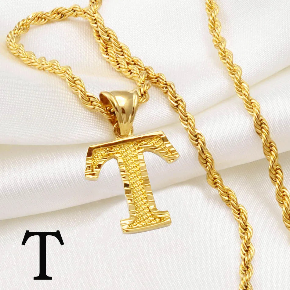 Anniyo A-Z Letters Necklaces Women Men Gold Plated Initial Pendant Rope Chain English Letter Jewelry Alphabet African #058002B - Live Store 4U