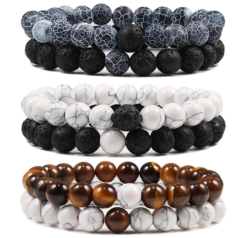 Set Bracelet Couples Distance Black White Natural Lava Stone Tiger Eye Beaded Yoga Bracelets for Men Women Elastic Rope Jewelry - Live Store 4U
