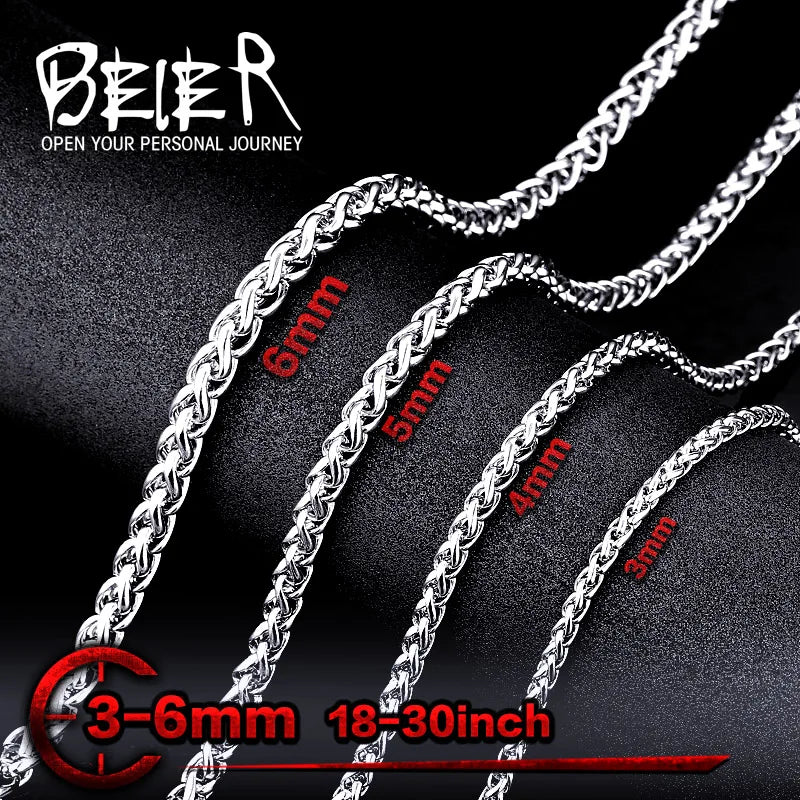 Beier 3mm/4mm/5mm/6mm Width 316L Stainless Steel Men Boy Wheat Link Necklace Chain Silver Color BN1006 ( 20-32 Inch ) - Live Store 4U