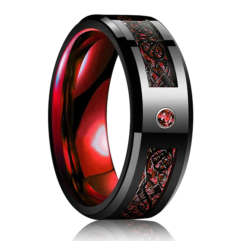 Fashion 8mm Red Groove Beveled Edge Stainless Steel Celtic Dragon Rings for Men Zircon Inlay Carbon Fibre Ring Men Wedding Band - Live Store 4U