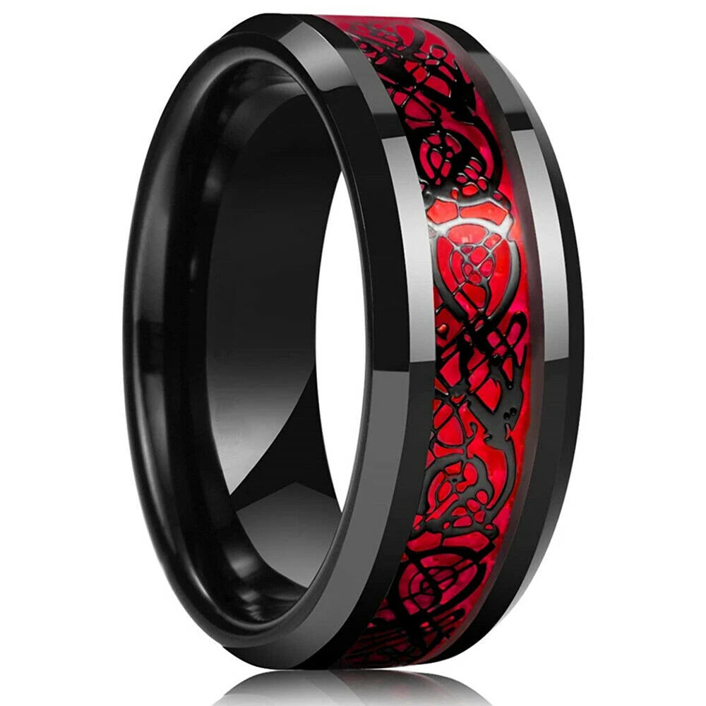 Fashion 8mm Red Groove Beveled Edge Stainless Steel Celtic Dragon Rings for Men Zircon Inlay Carbon Fibre Ring Men Wedding Band - Live Store 4U