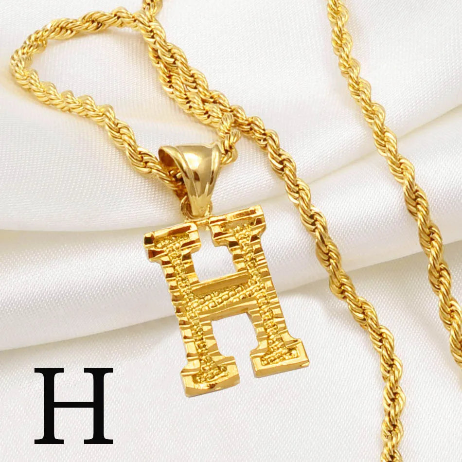 Anniyo A-Z Letters Necklaces Women Men Gold Plated Initial Pendant Rope Chain English Letter Jewelry Alphabet African #058002B - Live Store 4U