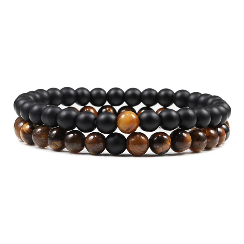 Set Bracelet Couples Distance Black White Natural Lava Stone Tiger Eye Beaded Yoga Bracelets for Men Women Elastic Rope Jewelry - Live Store 4U