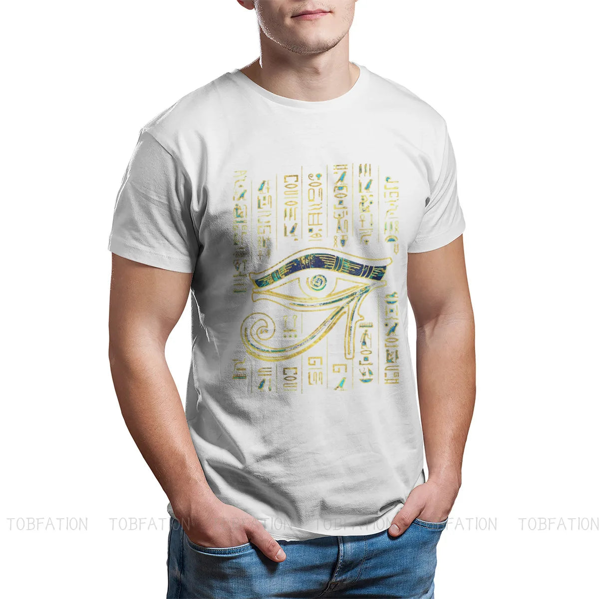 Egyptian Ancient Egypt Culture Ian Eye of Horus  on Hieroglyphics Gold and Marble Tshirt Crewneck Big SizeVintage T Shirt Cotton