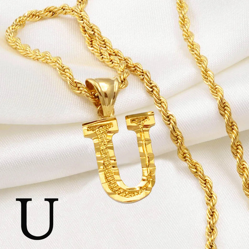 Anniyo A-Z Letters Necklaces Women Men Gold Plated Initial Pendant Rope Chain English Letter Jewelry Alphabet African #058002B - Live Store 4U
