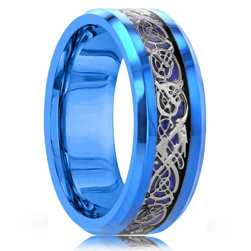 Fashion 8mm Red Groove Beveled Edge Stainless Steel Celtic Dragon Rings for Men Zircon Inlay Carbon Fibre Ring Men Wedding Band - Live Store 4U