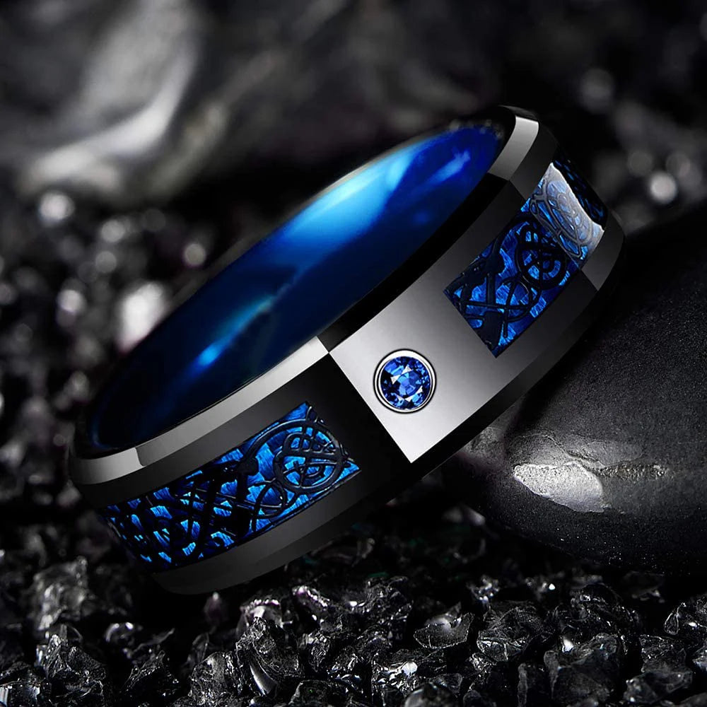 Fashion 8mm Red Groove Beveled Edge Stainless Steel Celtic Dragon Rings for Men Zircon Inlay Carbon Fibre Ring Men Wedding Band - Live Store 4U