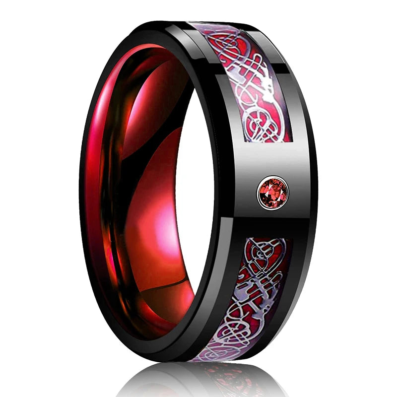 Fashion 8mm Red Groove Beveled Edge Stainless Steel Celtic Dragon Rings for Men Zircon Inlay Carbon Fibre Ring Men Wedding Band - Live Store 4U