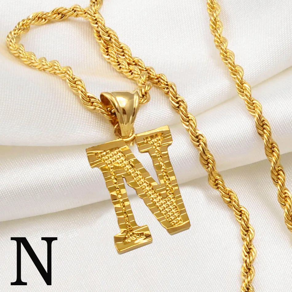 Anniyo A-Z Letters Necklaces Women Men Gold Plated Initial Pendant Rope Chain English Letter Jewelry Alphabet African #058002B - Live Store 4U