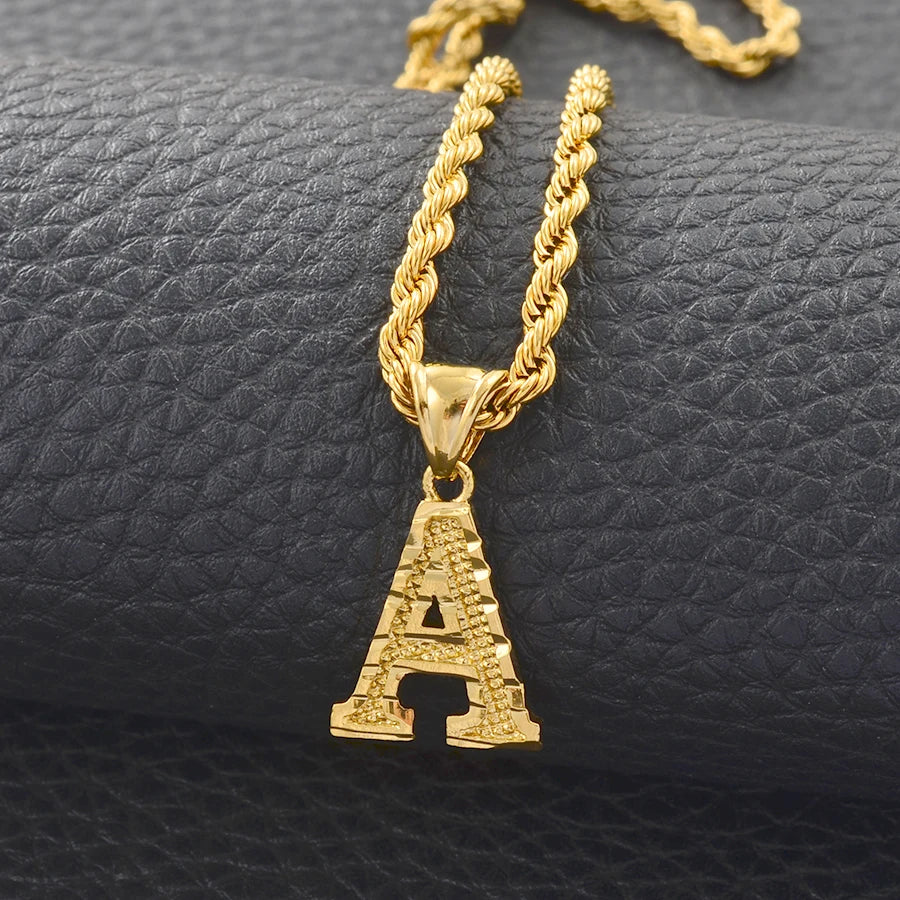 Anniyo A-Z Letters Necklaces Women Men Gold Plated Initial Pendant Rope Chain English Letter Jewelry Alphabet African #058002B - Live Store 4U
