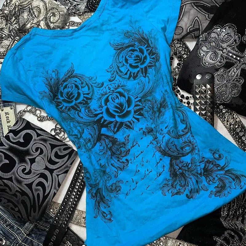 Women's Y2k Grunge T-Shirts 2000s Vinage Rhinestone Print Heart Rose T-Shirt Aesthetics Harajuku Round Neck Tops street fashion - Live Store 4U