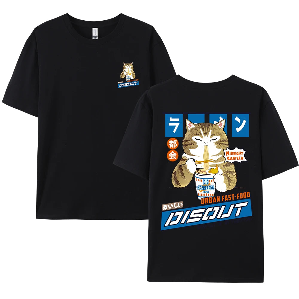 Harajuku Cat Cartoon Eating Noodles Graphic Men Women Tshirts Casual Short Sleeve Tees Japan Style Oversized T Shirt Clothing - Live Store 4U