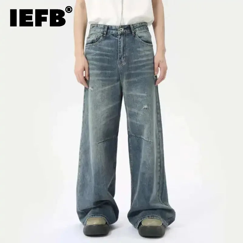 IEFB American Style Men's Denim Pants Washing Fashion Loose Men's Straight Trousers Casual Wide Leg Jeans New Summer 2024 9C6303 - Live Store 4U