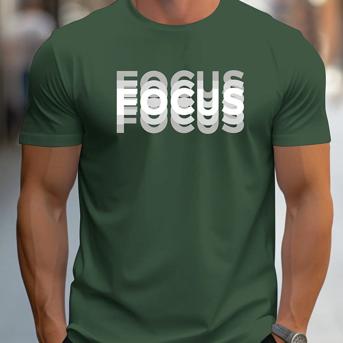 Men's 100% cotton casual sports loose oversized Focus print round neck short sleeved T-shirt top - Live Store 4U